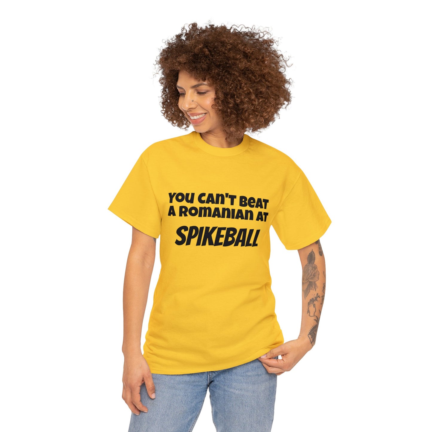 "You can't beat a Romanian at Spikeball" T-shirt